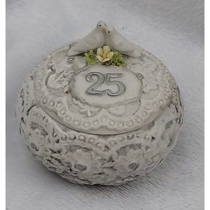 Vintage Enesco Porcelain Love Doves 25th Anniversary Trinket Box 1983 3in Round